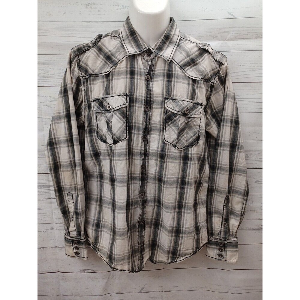 Mens Buckle BKE Shirt Black Label Thick Stitch Cross Embroidery Sz M Gray Plaid